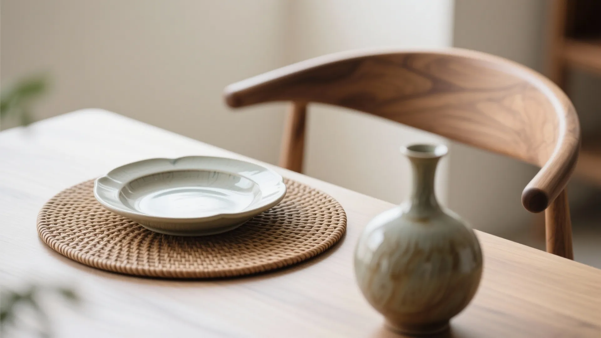Curved wooden chair and artisanal ceramic vase in dining setup