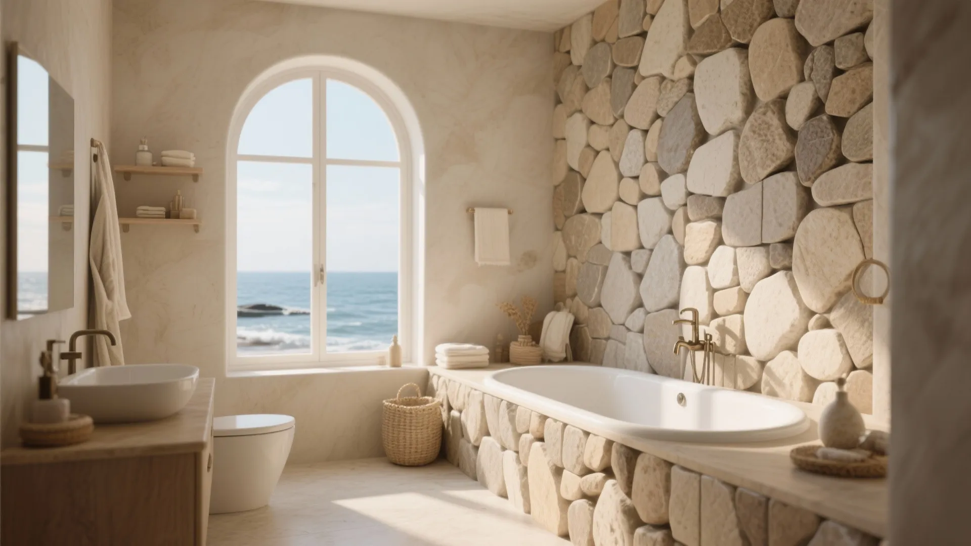 Natural bathroom featuring large stone wall, white bathtub, arched window with sea view, and toilet