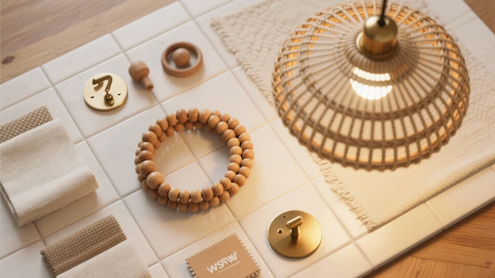 Selection of home decor items including wooden beads fabric samples and a woven light fixture