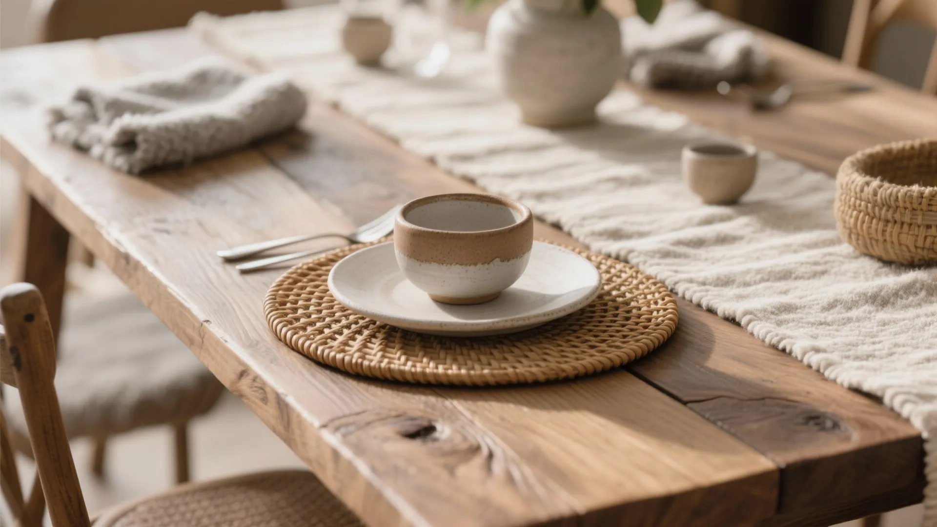 Close up of ceramic cup on woven place mat over rustic wooden dining table with runner