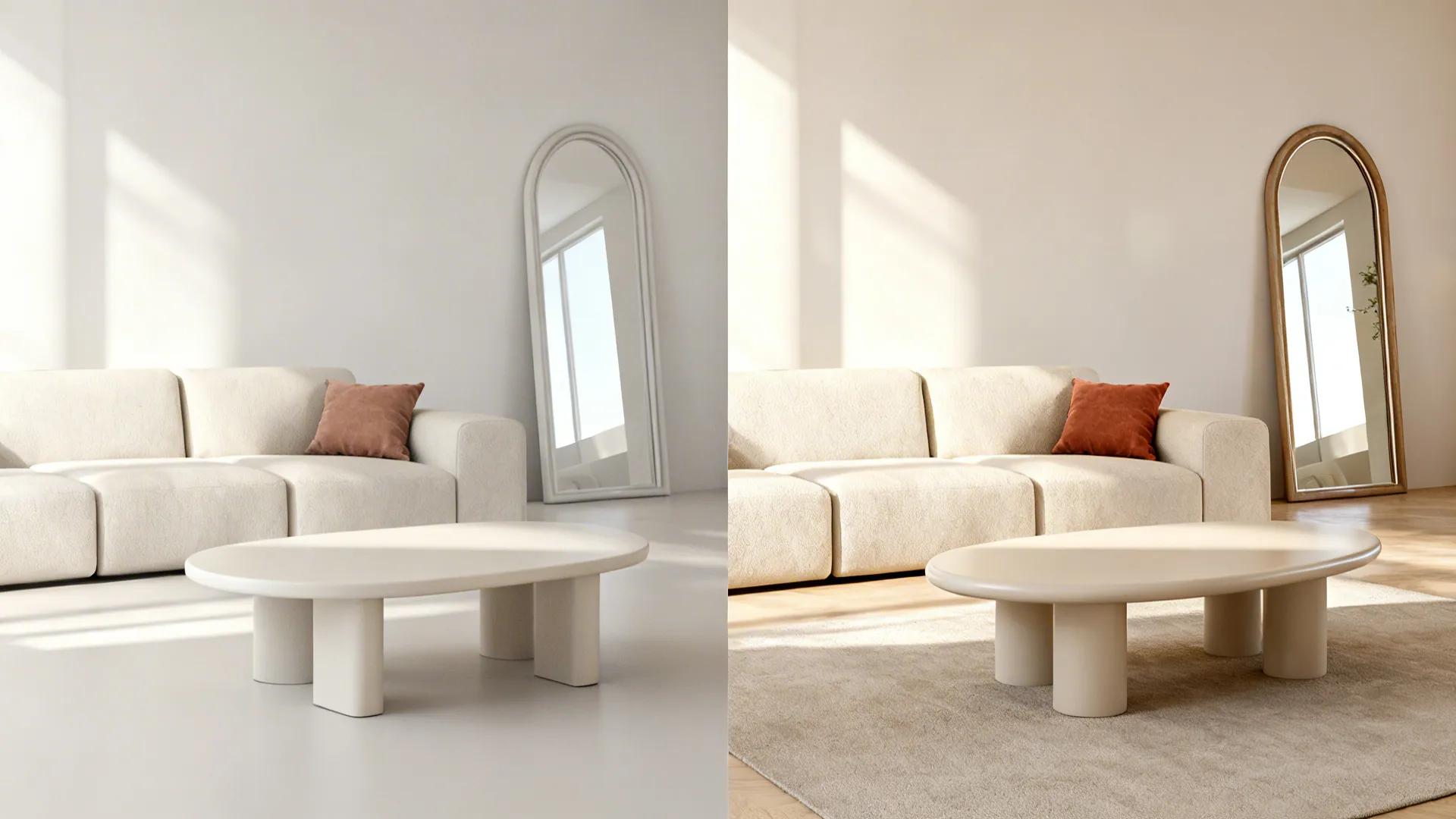 Before-and-after comparison showing clean lines versus added organic shapes in a living room