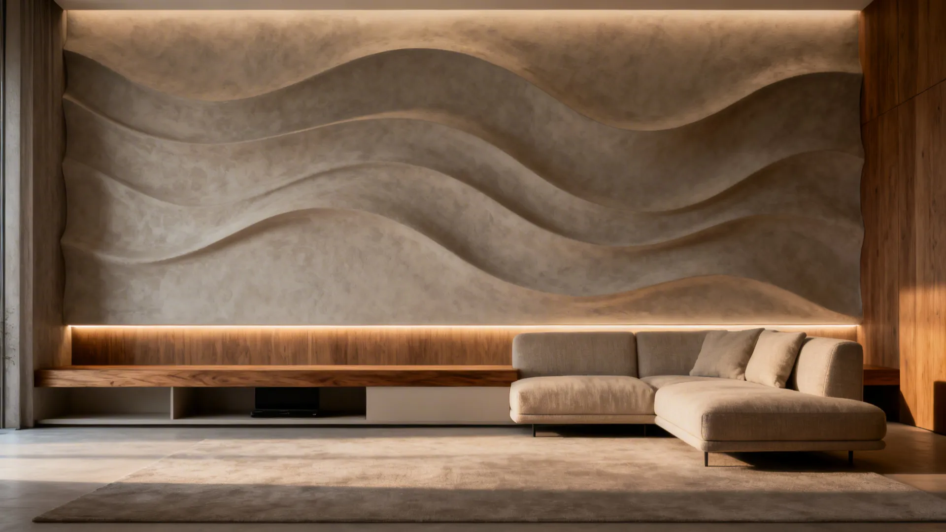 Greige 3D wave accent wall behind a slim sofa with warm grazing light.