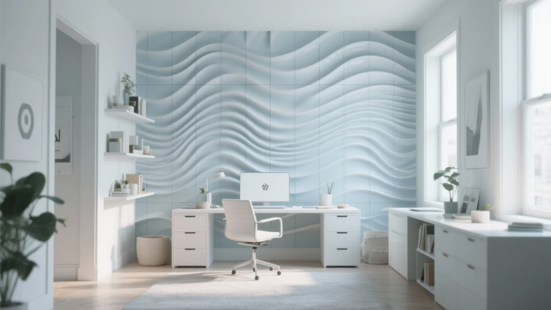Modern home office with light blue wave wall panels white desk chair and natural light