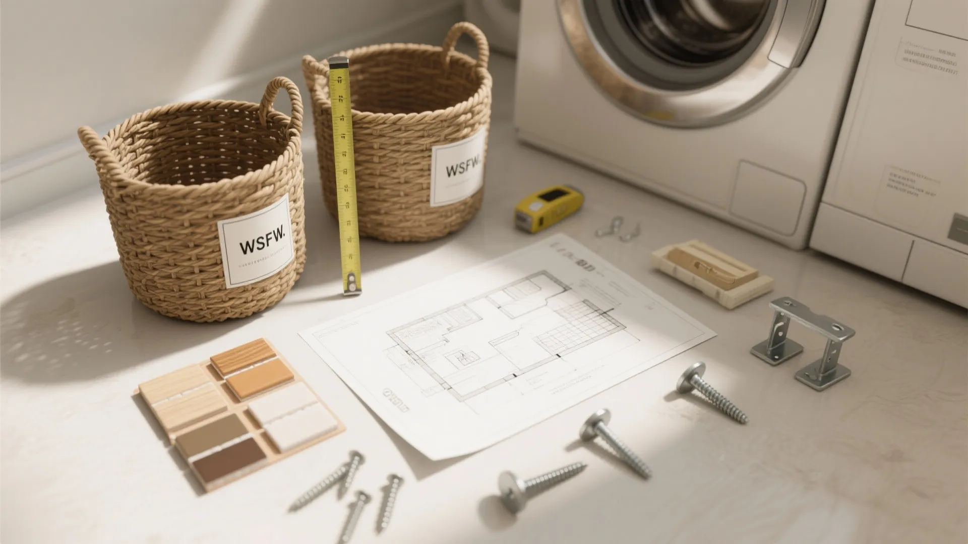 Interior design drawing with color samples woven baskets tape measure and screws on a white floor
