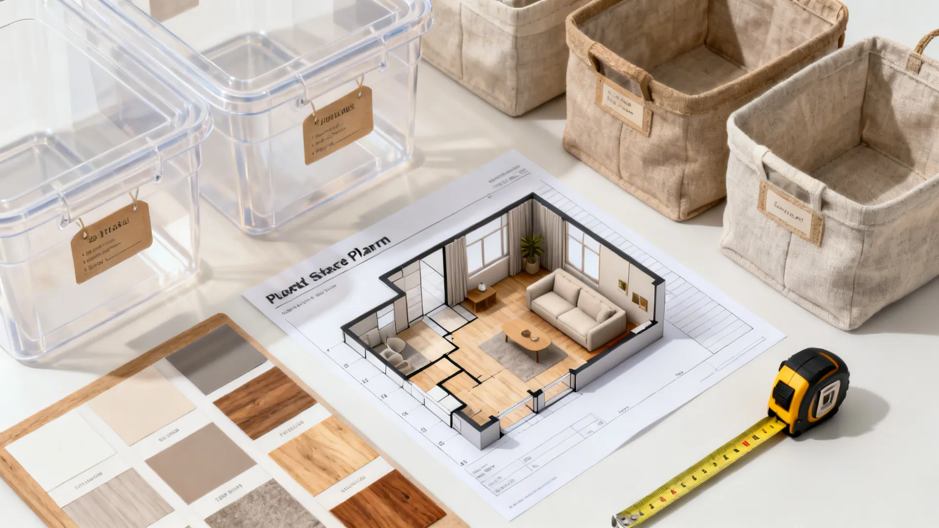 Flatlay of clear bins, baskets, 3D planner printout and moodboard swatches for small-space planning