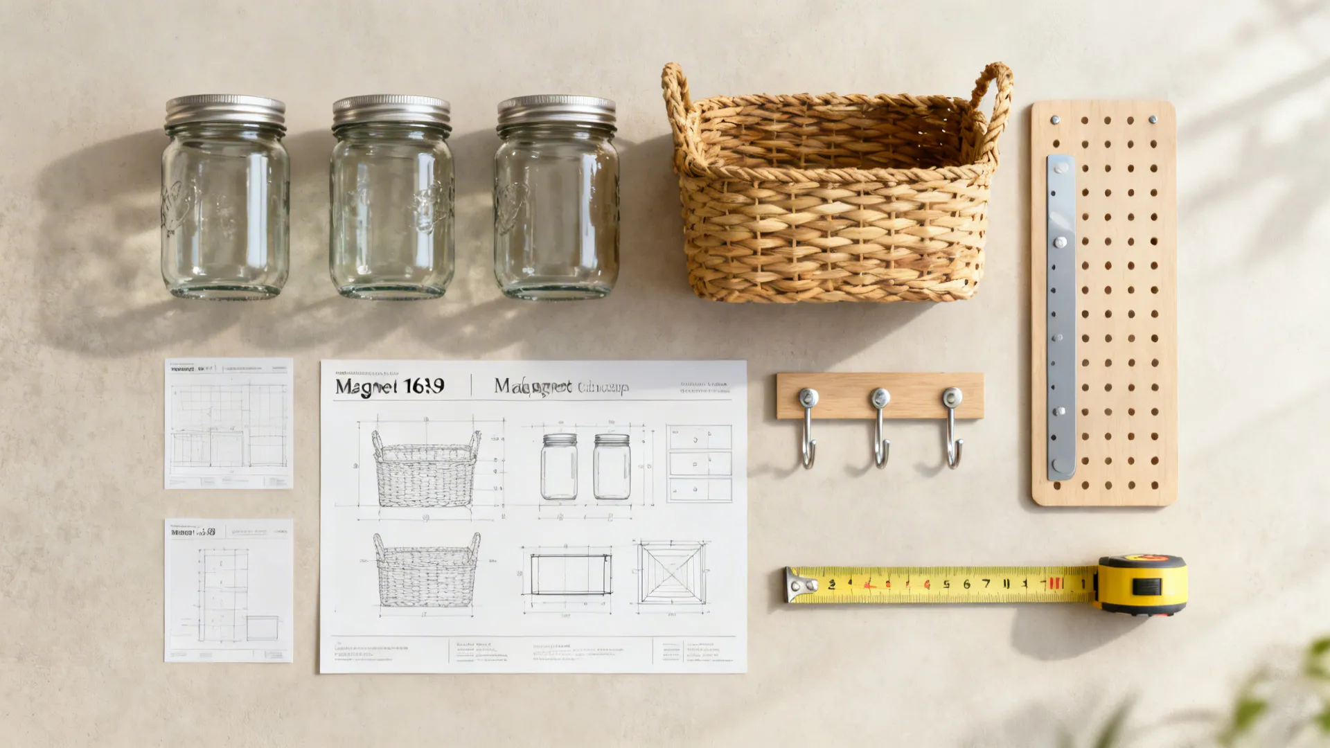 Flatlay of matching jars, baskets, pegboard hooks and layout mockups for kitchen planning.