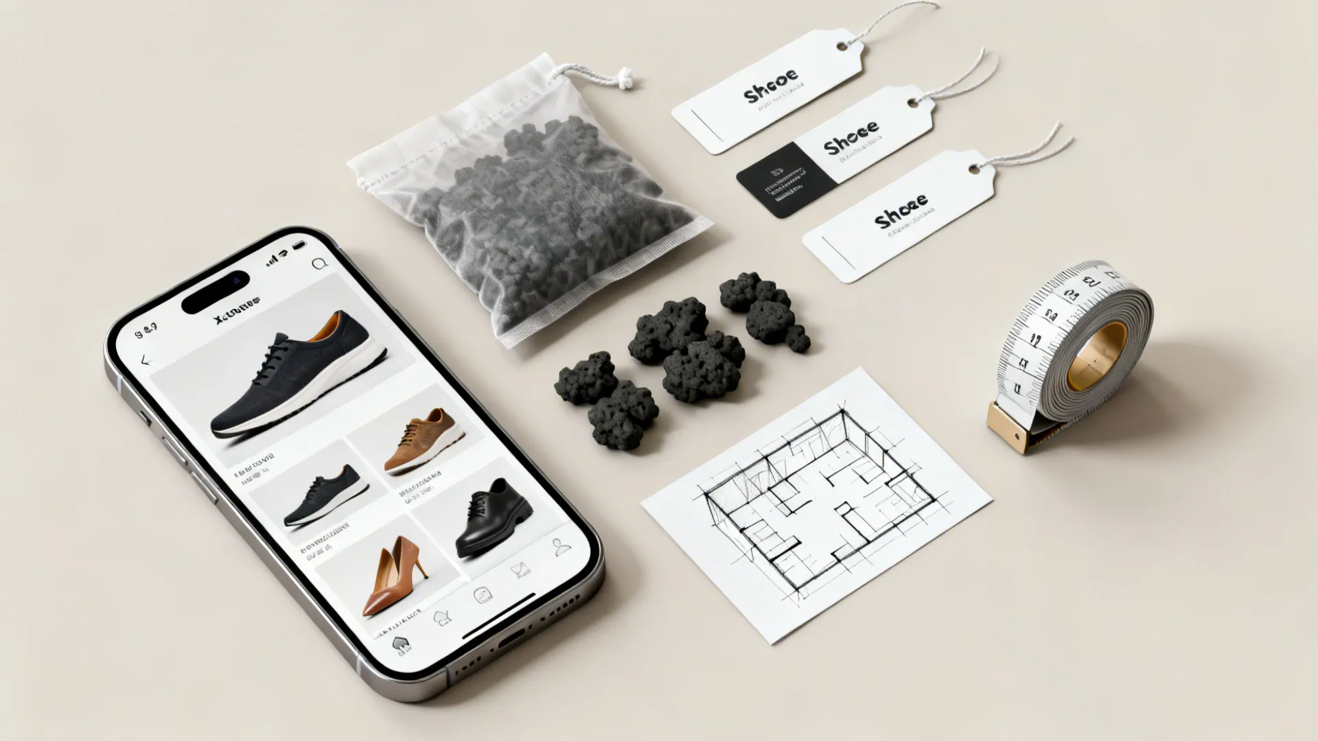 Flatlay of shoe organization tools including phone catalog, charcoal sachets, labels and measuring tape.
