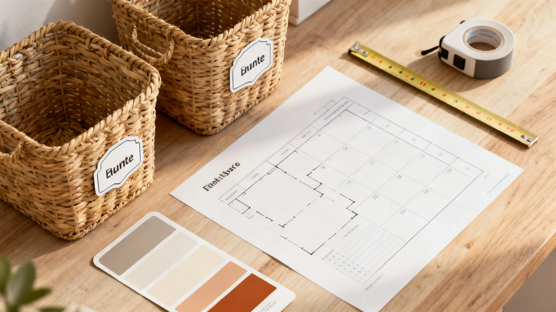Flatlay of matching baskets, labels, paint swatches and a layout planner for small-space organization.