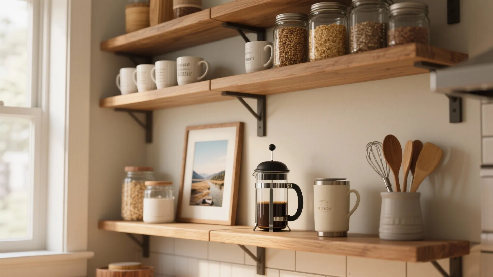 Wall mounted wooden shelves with coffee mugs glass food jars picture frame and kitchen tools