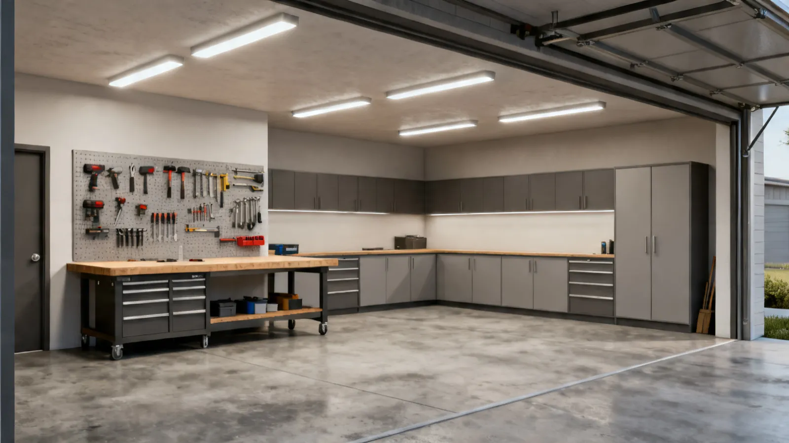 organized 900 sq ft garage workspace with tools storage and workbench zones
