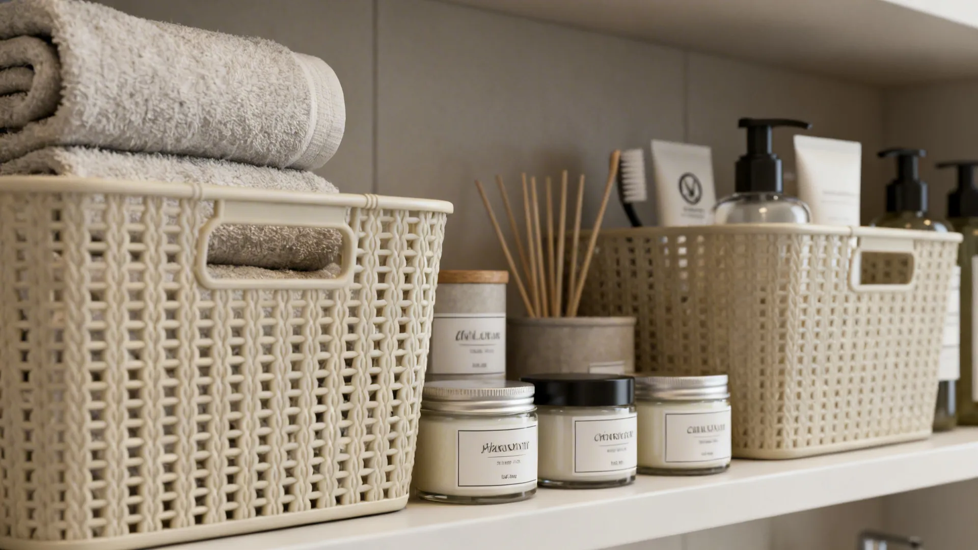 Matching baskets and labeled containers on a shelf keeping open shelving tidy