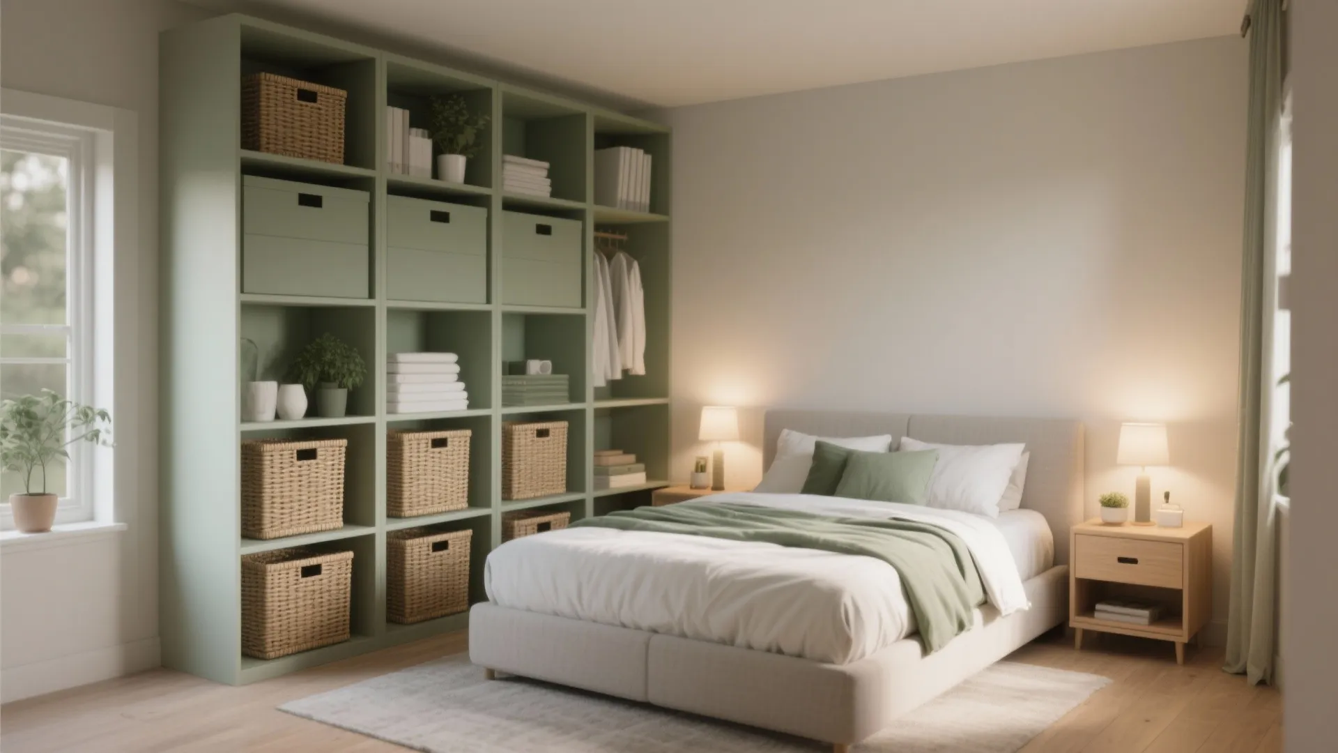 Modern bedroom featuring a large green wall cabinet with baskets beside a white cozy bed