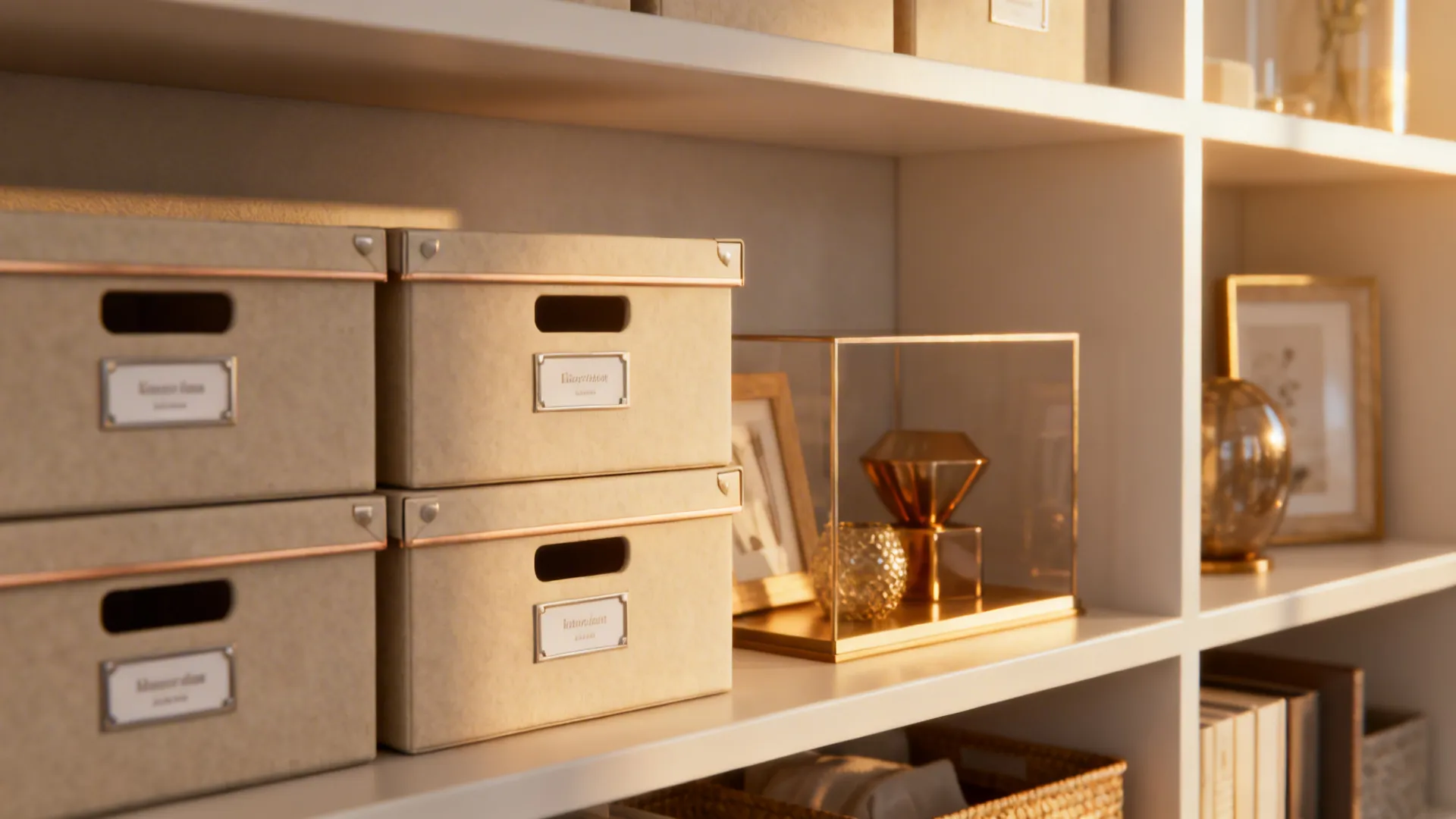 Shelf with matching storage bins and labeled boxes illustrating decluttering and mixed open-closed storage.