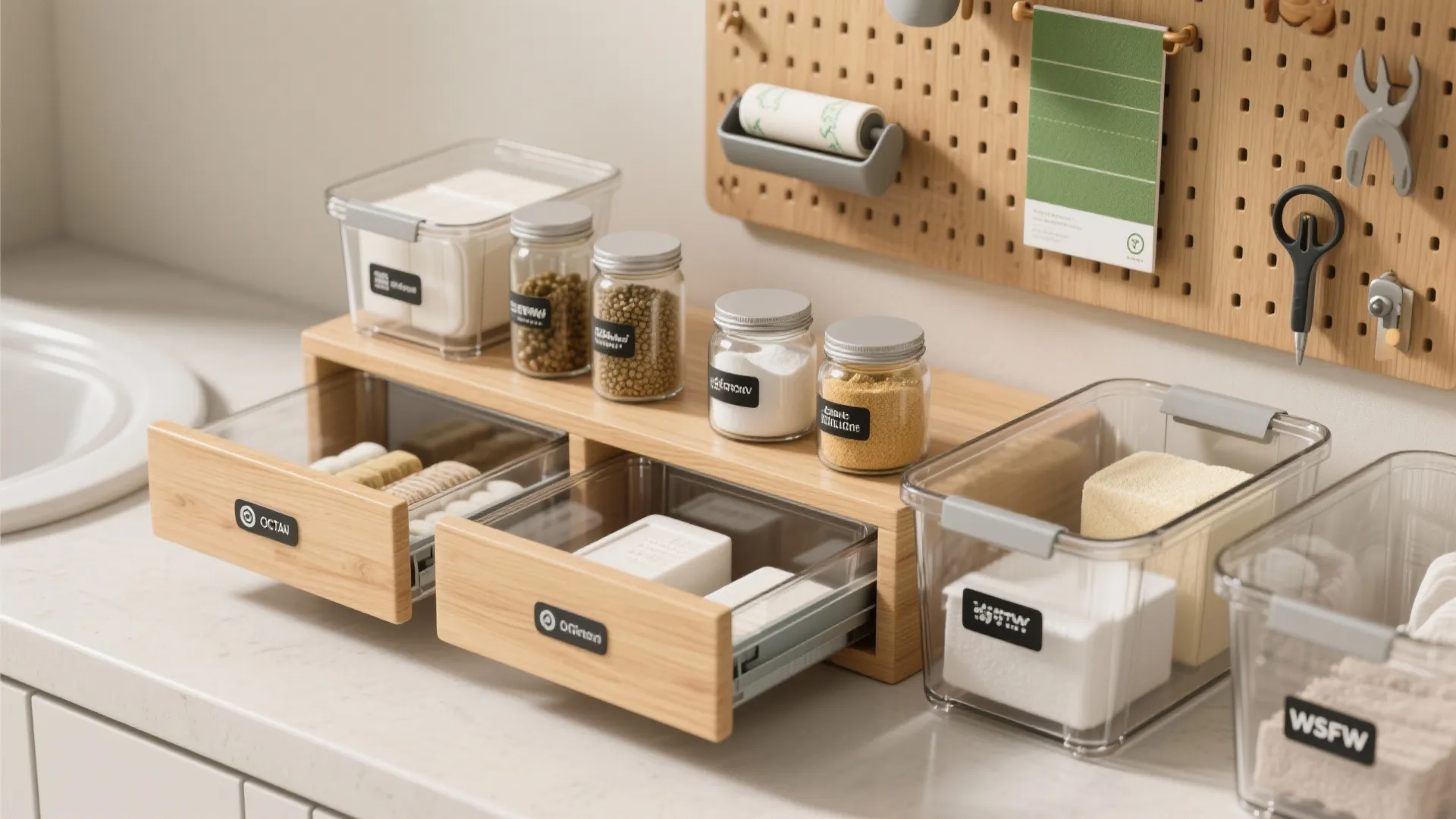 Small wooden storage unit with jars and clear plastic containers on a clean white countertop