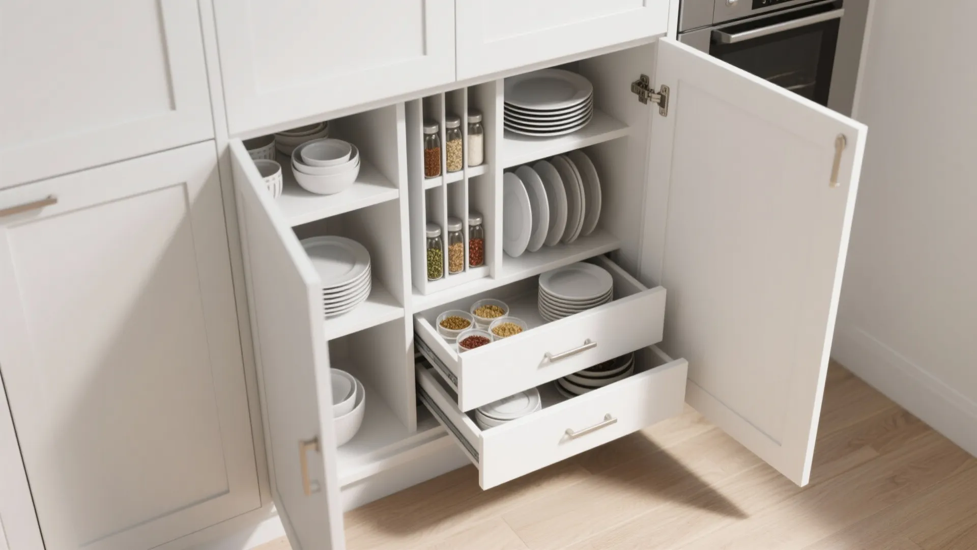 Top-down view of an organized cupboard with pull-outs and inserts behind plain white doors