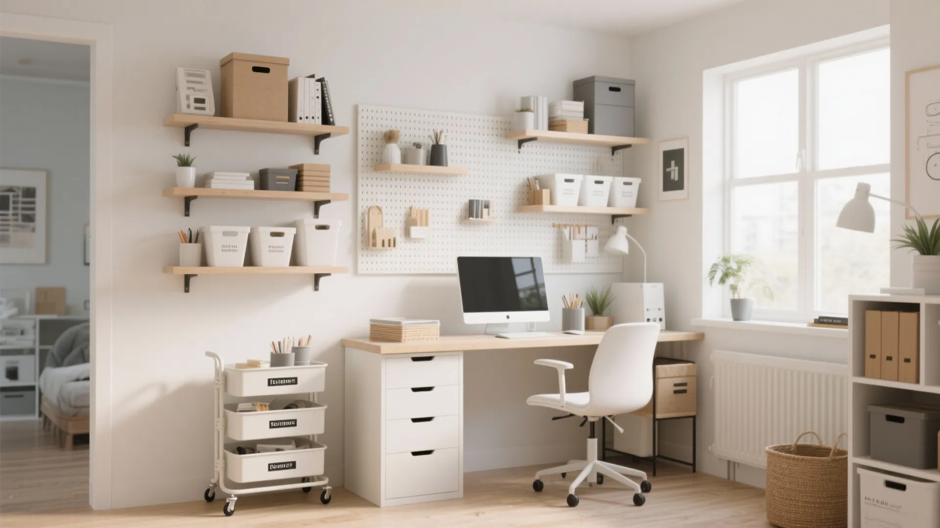 Bright home office with white desk, computer, wooden wall shelves, storage boxes, and rolling cart