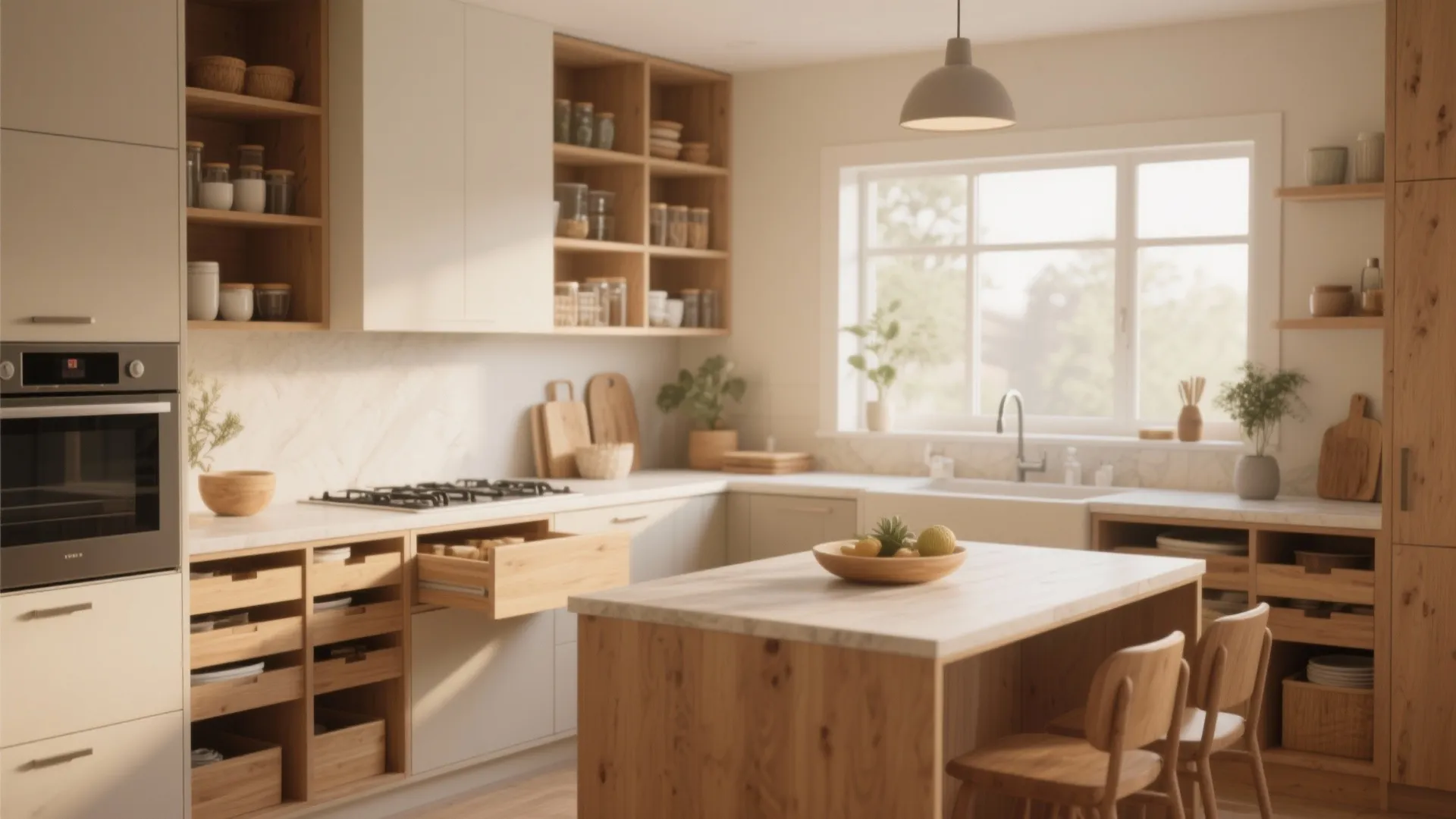 Modern wood kitchen design with central island open shelving white counter oven and large bright window