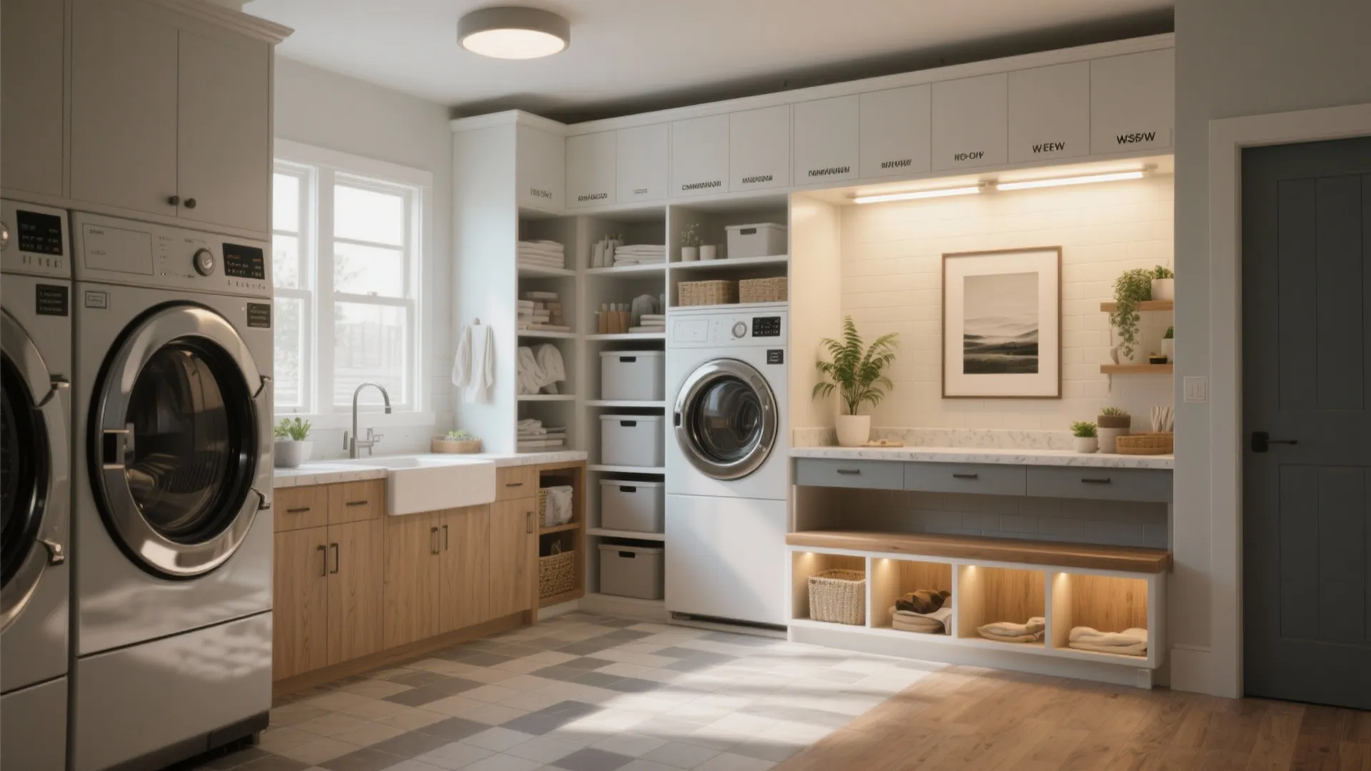 Well organized laundry room featuring white storage cabinets washing machines sink and large window view