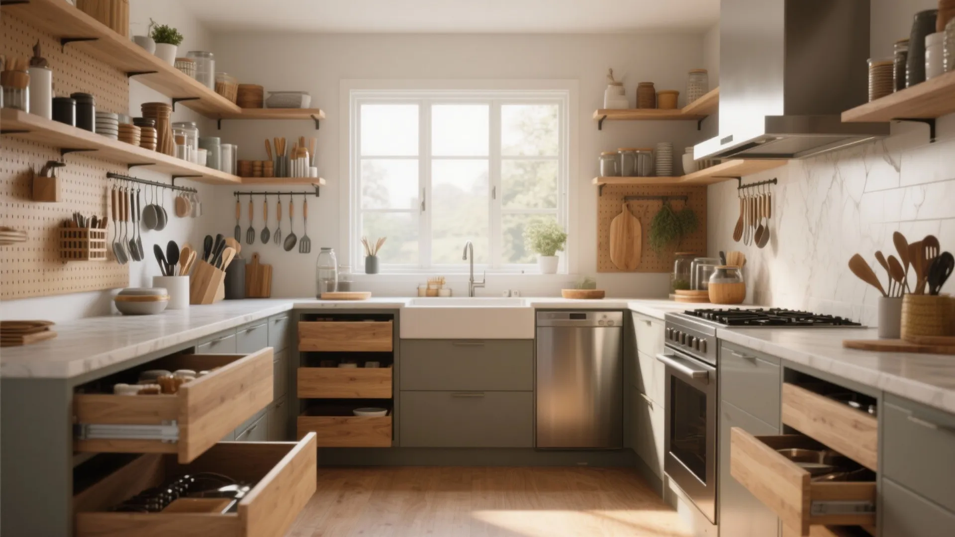 Modern kitchen with green cabinets wooden open shelves marble counters window sink and stainless steel stove