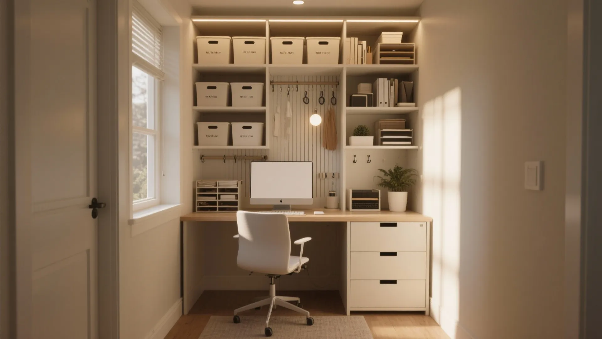 Home office in a closet with white storage bins, computer, chair, and natural window light