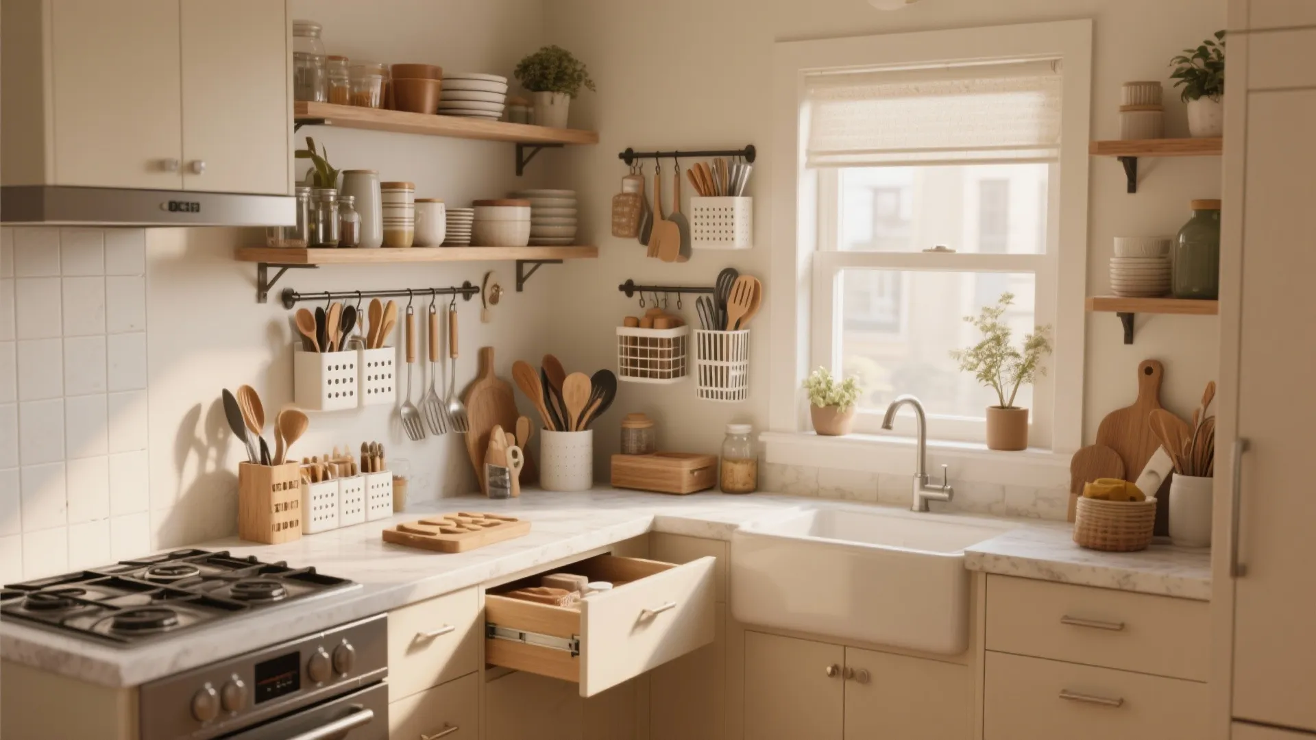 Organized small kitchen with beige cabinets open shelves hanging tools white sink and bright sunlight