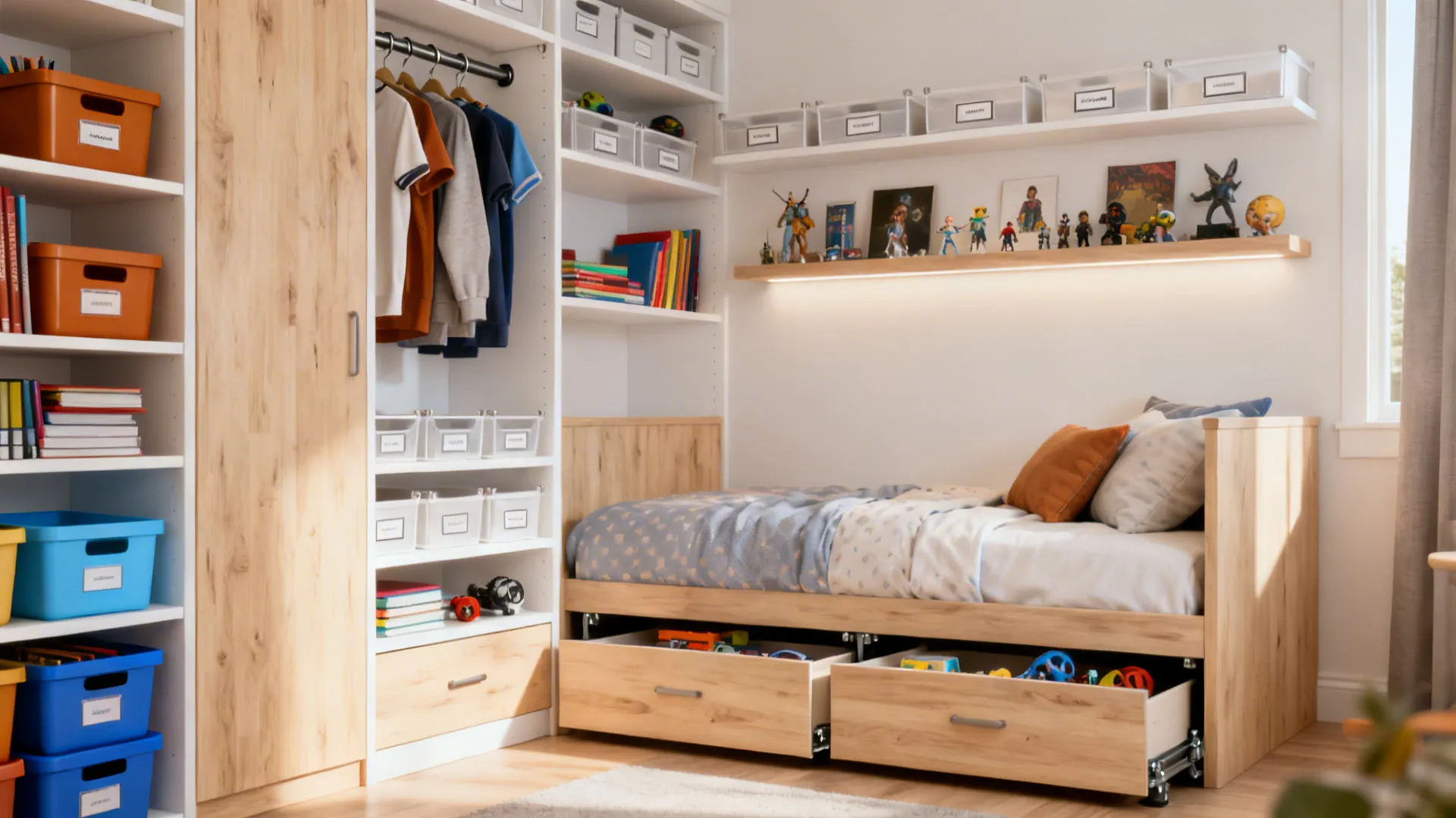 Teen bedroom with under-bed drawers, double-rod closet, and shallow labeled trays.