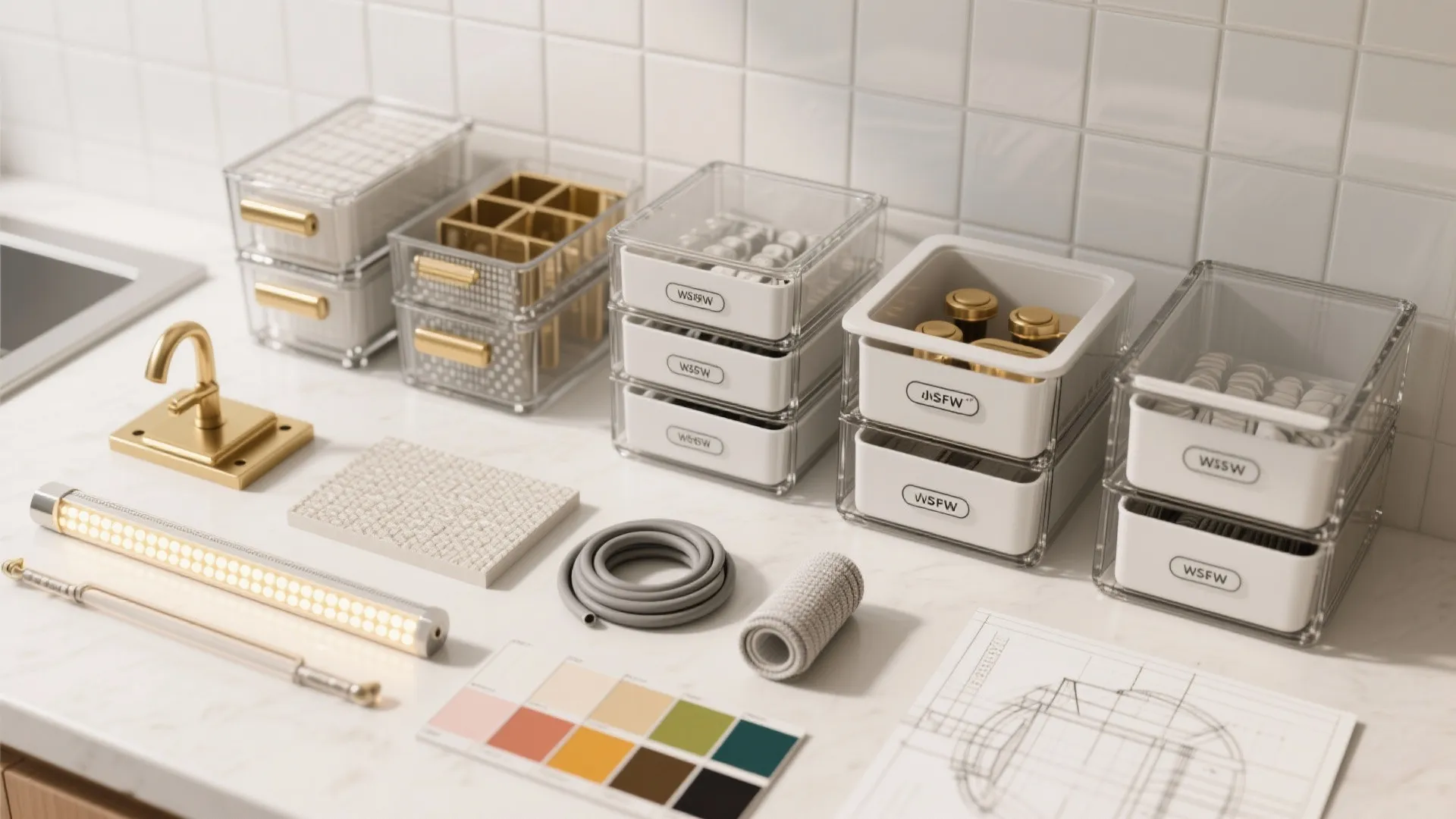 Clear storage bins with labels on white counter with color samples and interior design drawing