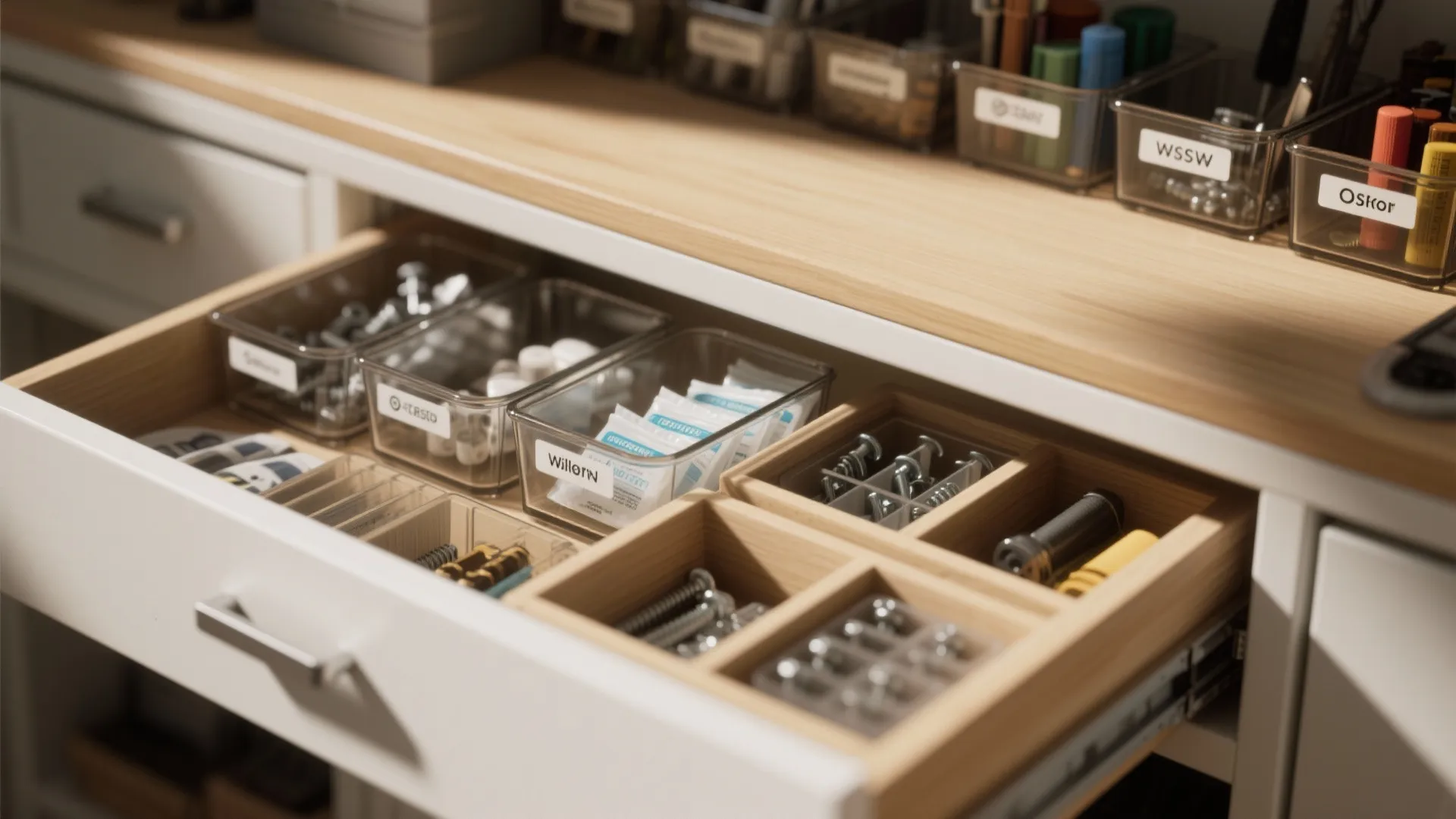Close-up of clear labeled bins, shallow drawers, silica gel packs and dividers inside a craft cabinet.