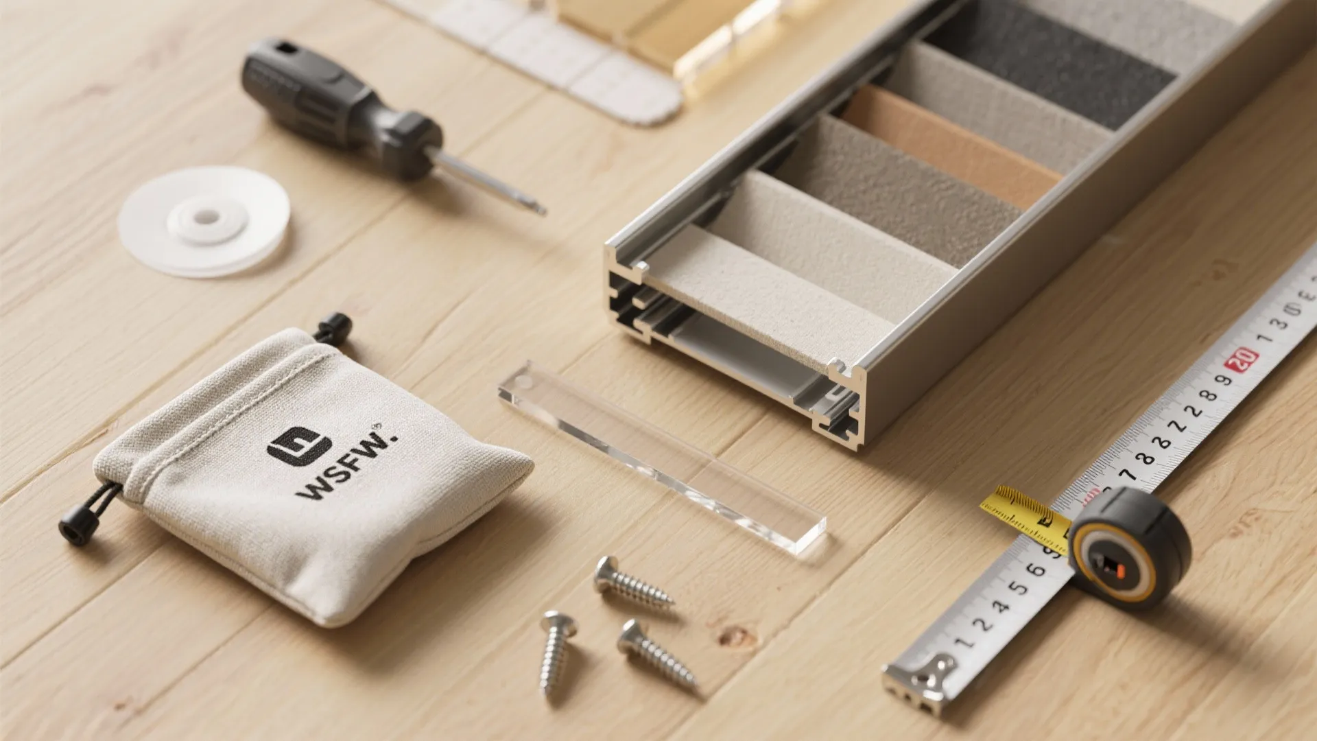 Flatlay of organizer samples and installation tools like adhesive pouches, screws and a tape measure
