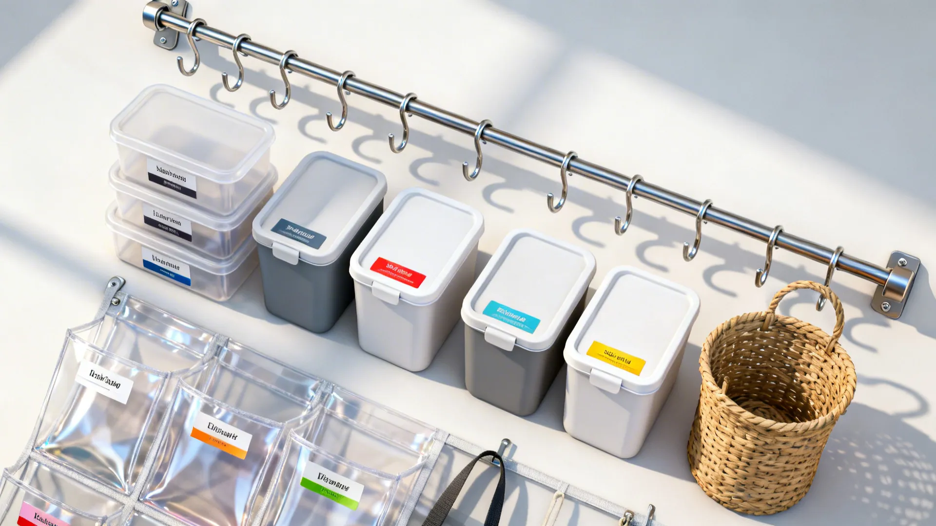 Top-down layout of over-the-door clear pockets, wall rail with hooks, and matching containers for laundry organization.