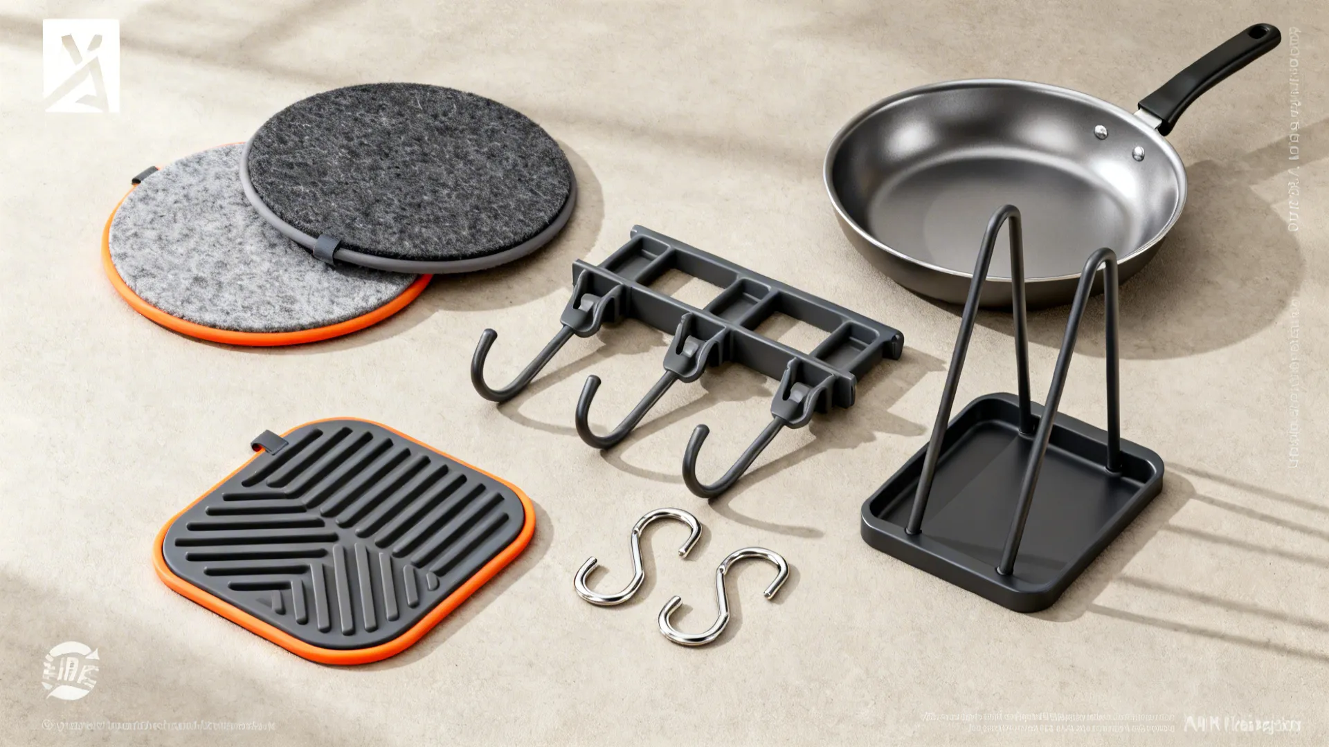 Flatlay of pan protectors, hooks, and small organizers for kitchen storage.