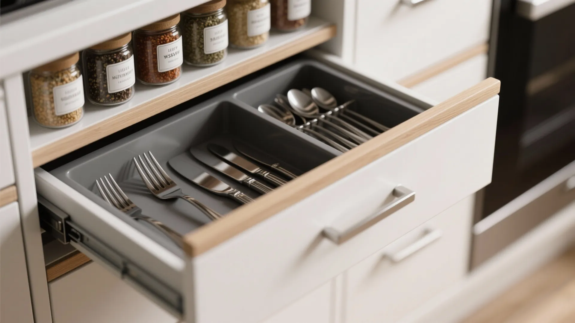 Minimalist kitchen storage that stays calm amid city bustle
