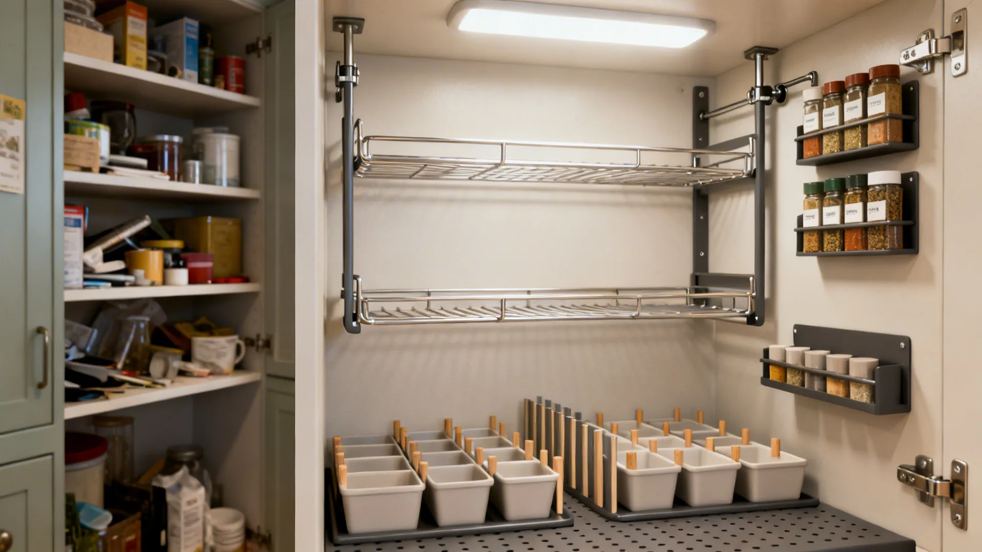 Before-and-after of a wall cabinet interior showing pull-down racks, door spice trays, pegs, and vertical dividers.