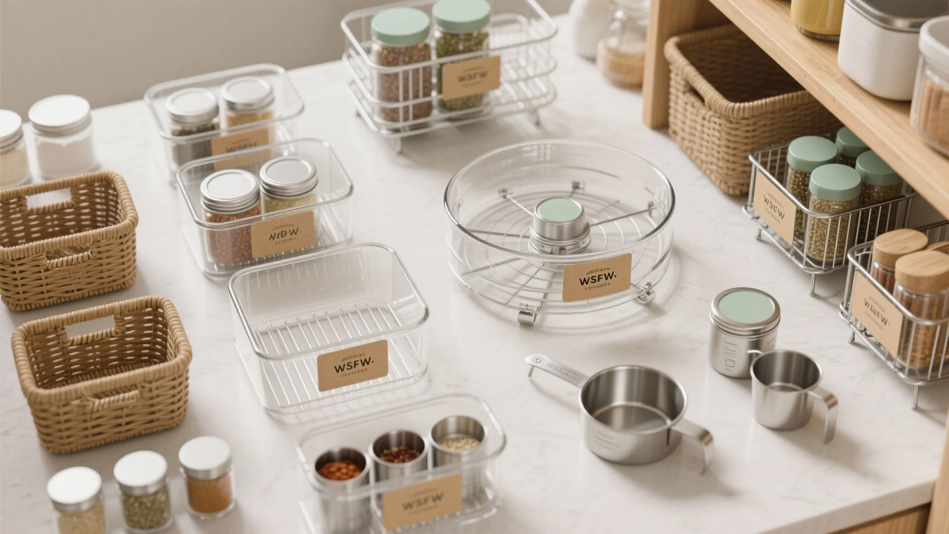 Various kitchen organizers including glass jars, woven baskets, and clear bins on white marble surface