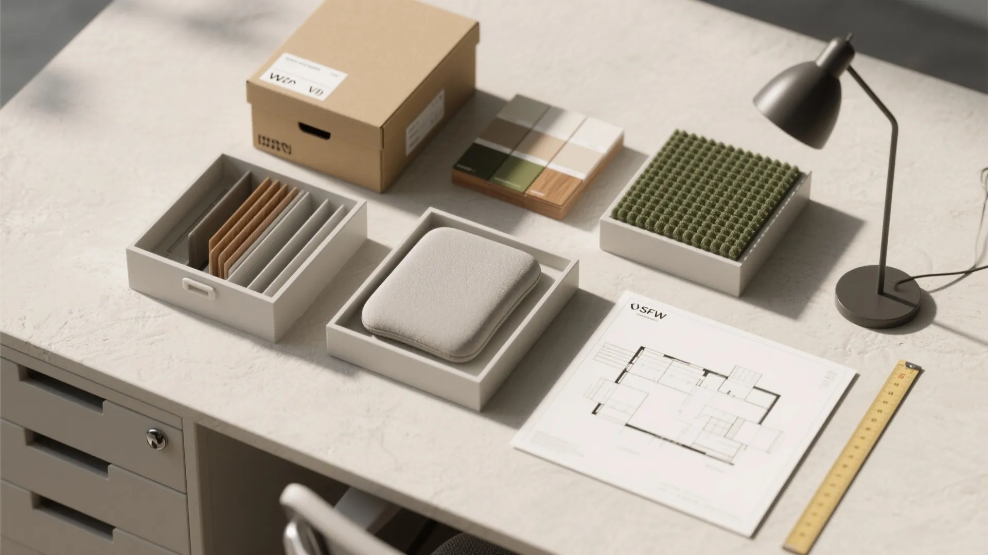 Designer workspace with floor plan paper color samples storage bins small desk lamp and ruler