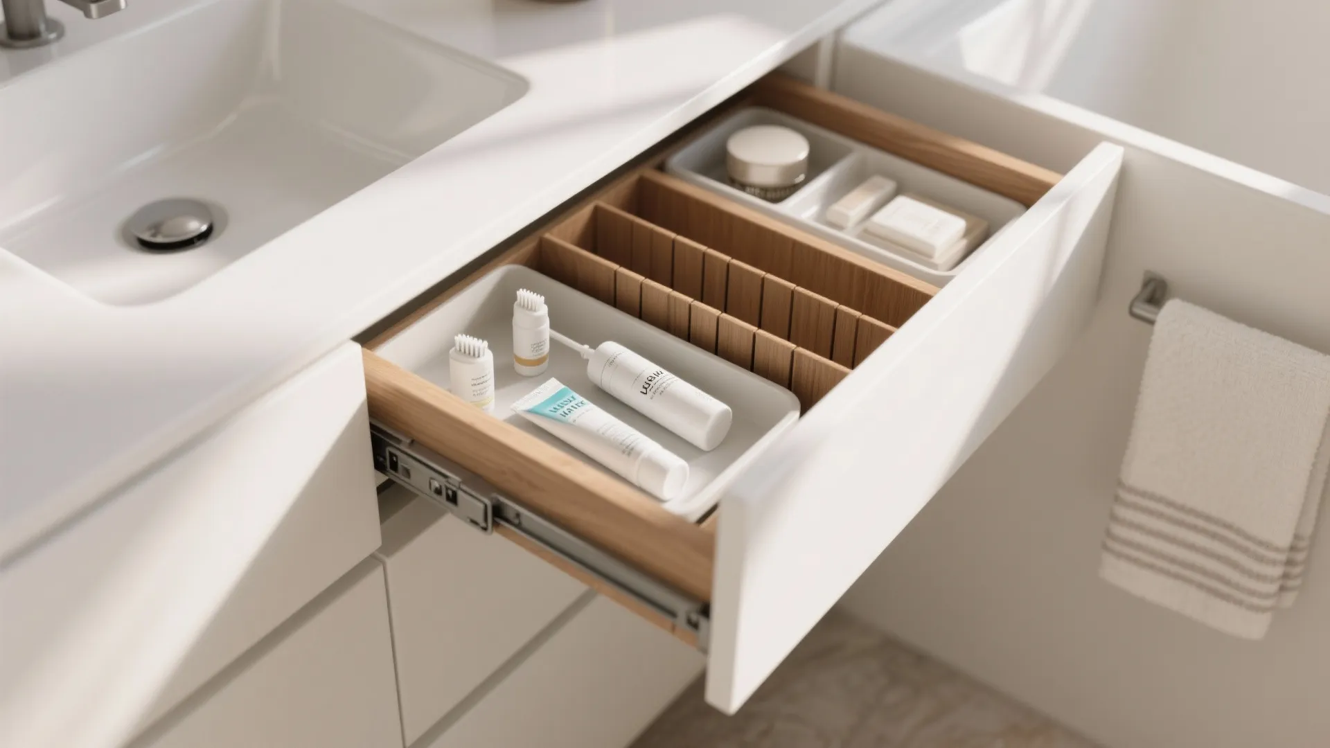 Open wooden bathroom drawer with white organizer trays holding skincare bottles and small hygiene products