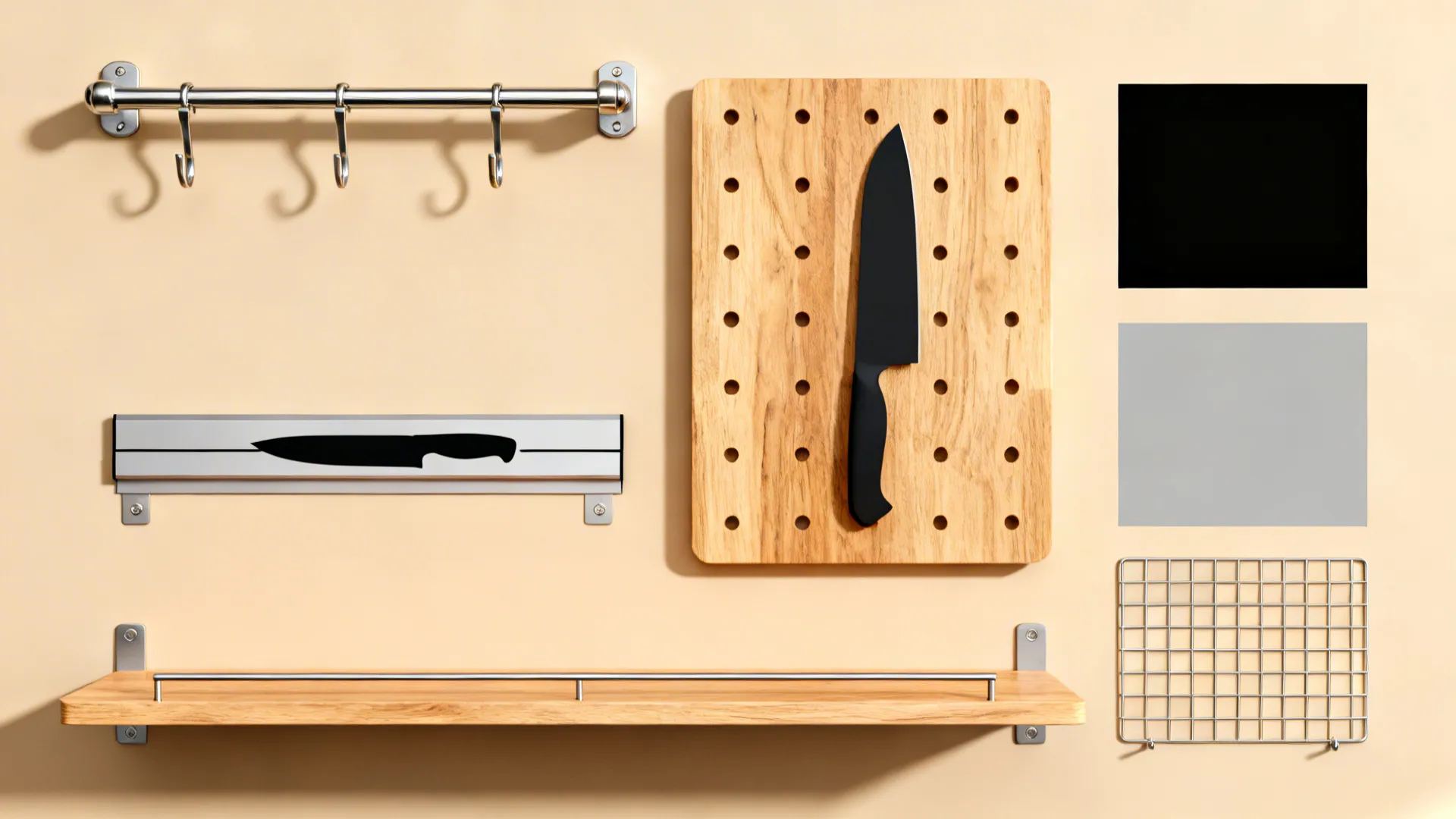 Flat lay of rail hooks, pegboard, magnetic strip, shallow shelf with rail, and a small pot rack grid sample.