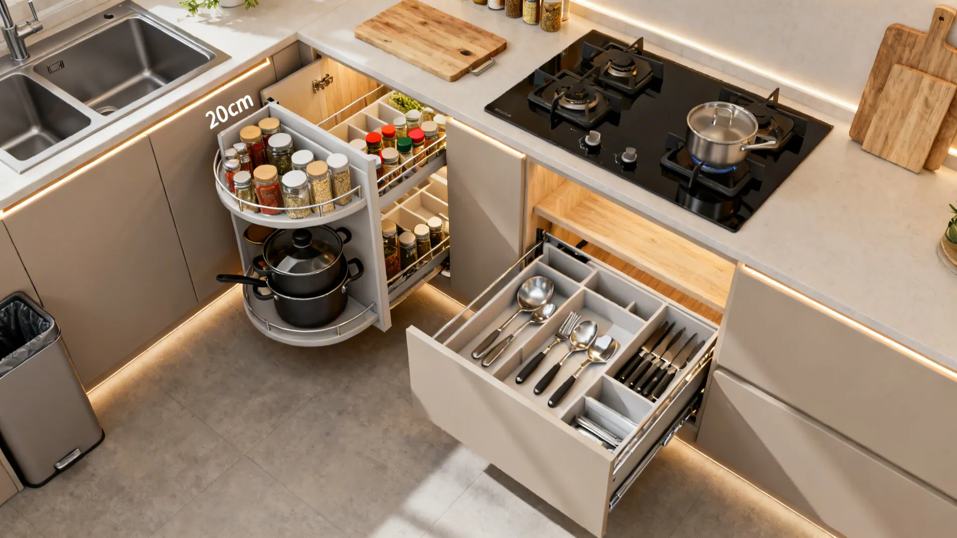 Top-down view of pull-outs, a corner carousel, and a drawer-within-drawer system.