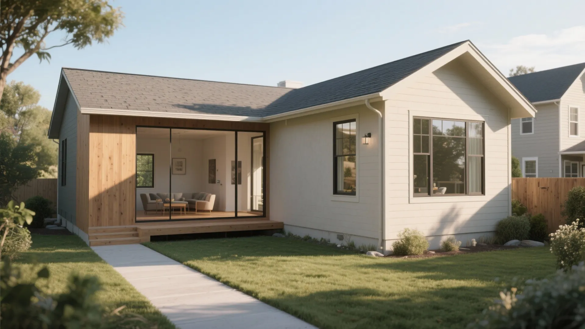 Modern house with a wooden deck and large glass doors showing a sofa in the room