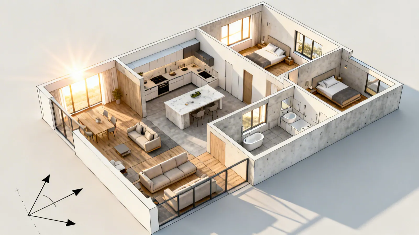 Plano arquitectónico mostrando orientación solar y entrada de luz natural