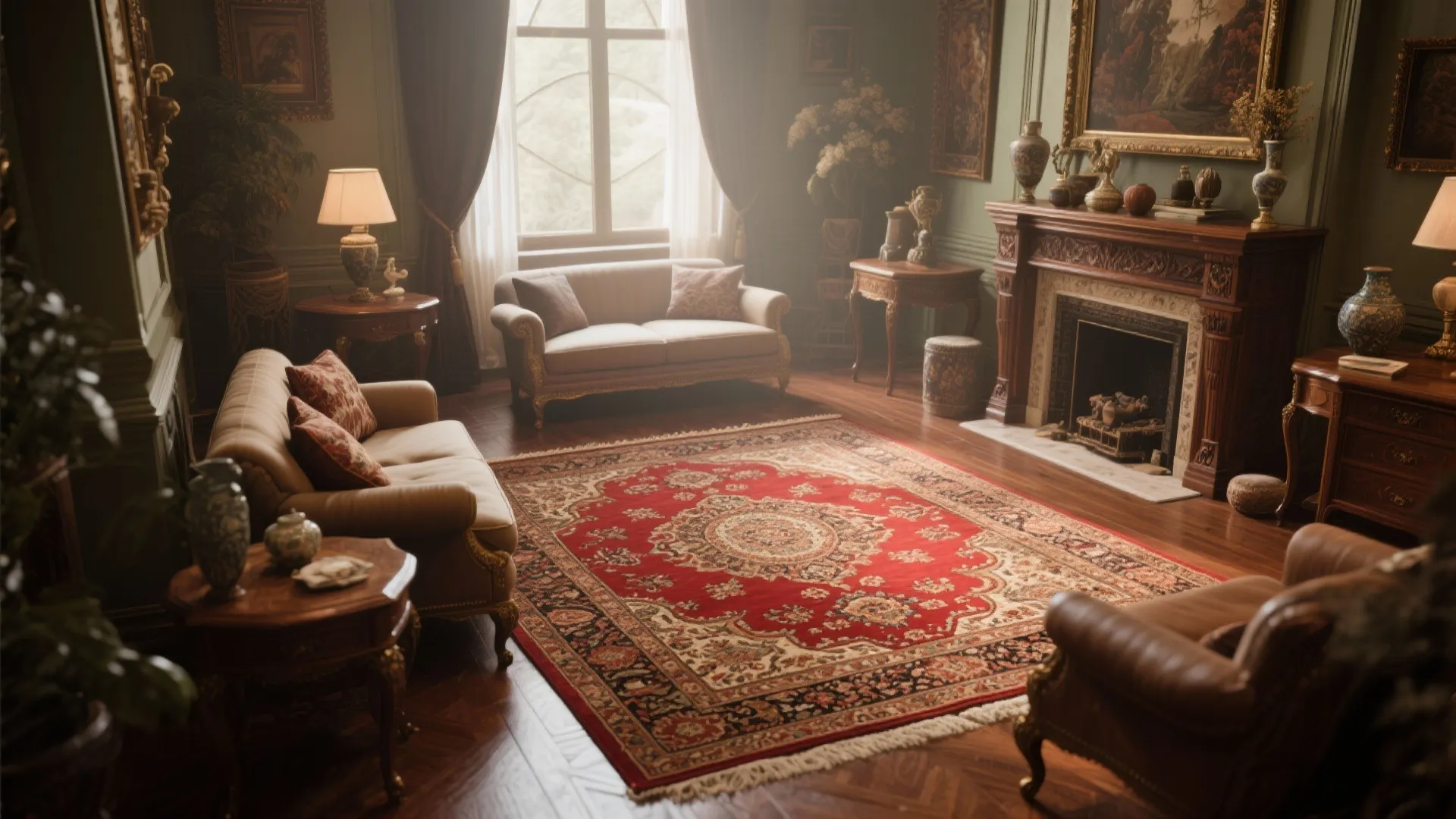 Classic living room with red oriental rug wooden furniture fireplace luxury sofas and warm natural light