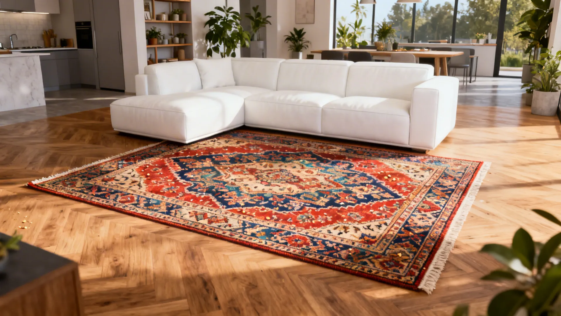 Open-plan living area with a white sofa set on a large colorful oriental rug