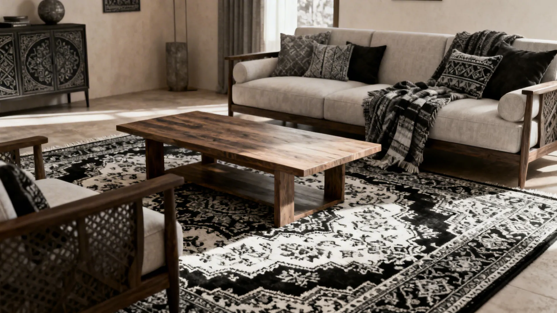 Living room with wooden coffee table ornate rug sofa with patterned pillows and dark cabinet