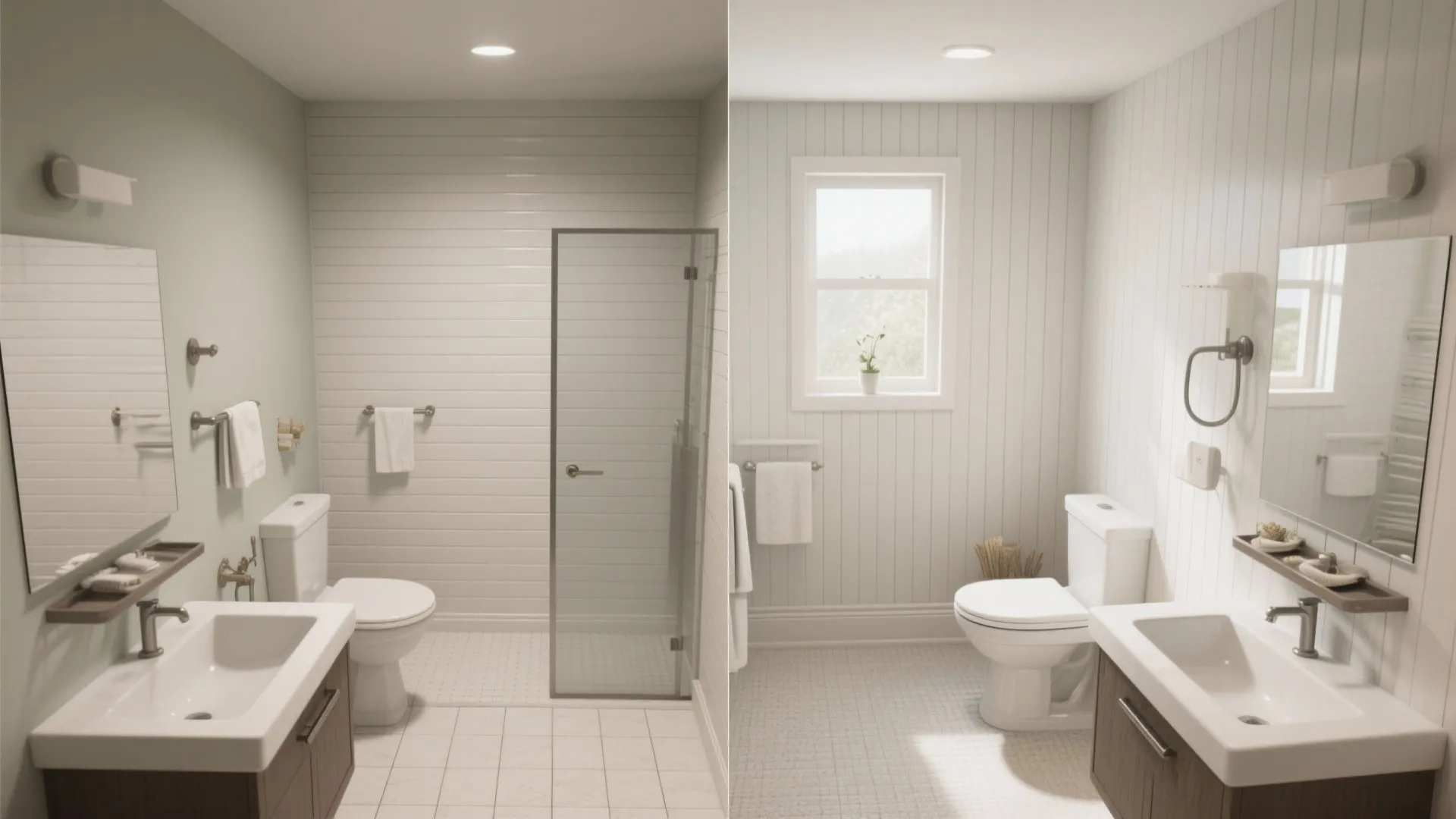 Split bathroom showing horizontal beadboard widening effect and vertical beadboard heightening effect