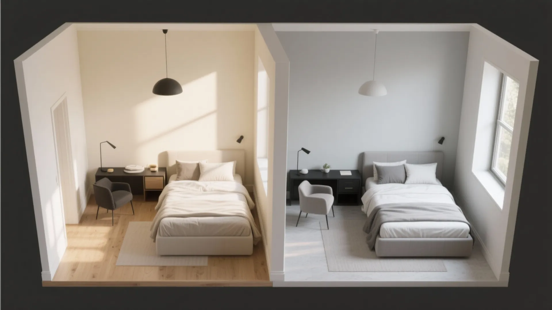 Side by side comparison of a warm bedroom design versus a cool grey bedroom design