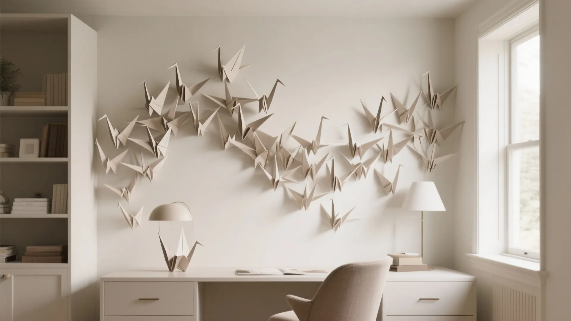 Interior study room with white paper cranes on wall above desk with lamp and chair