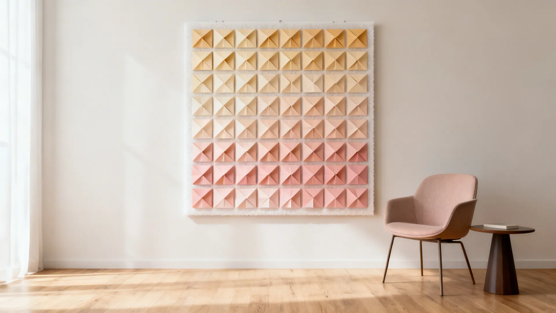 Reading nook with a subtle gradient origami wall grid of folded squares.