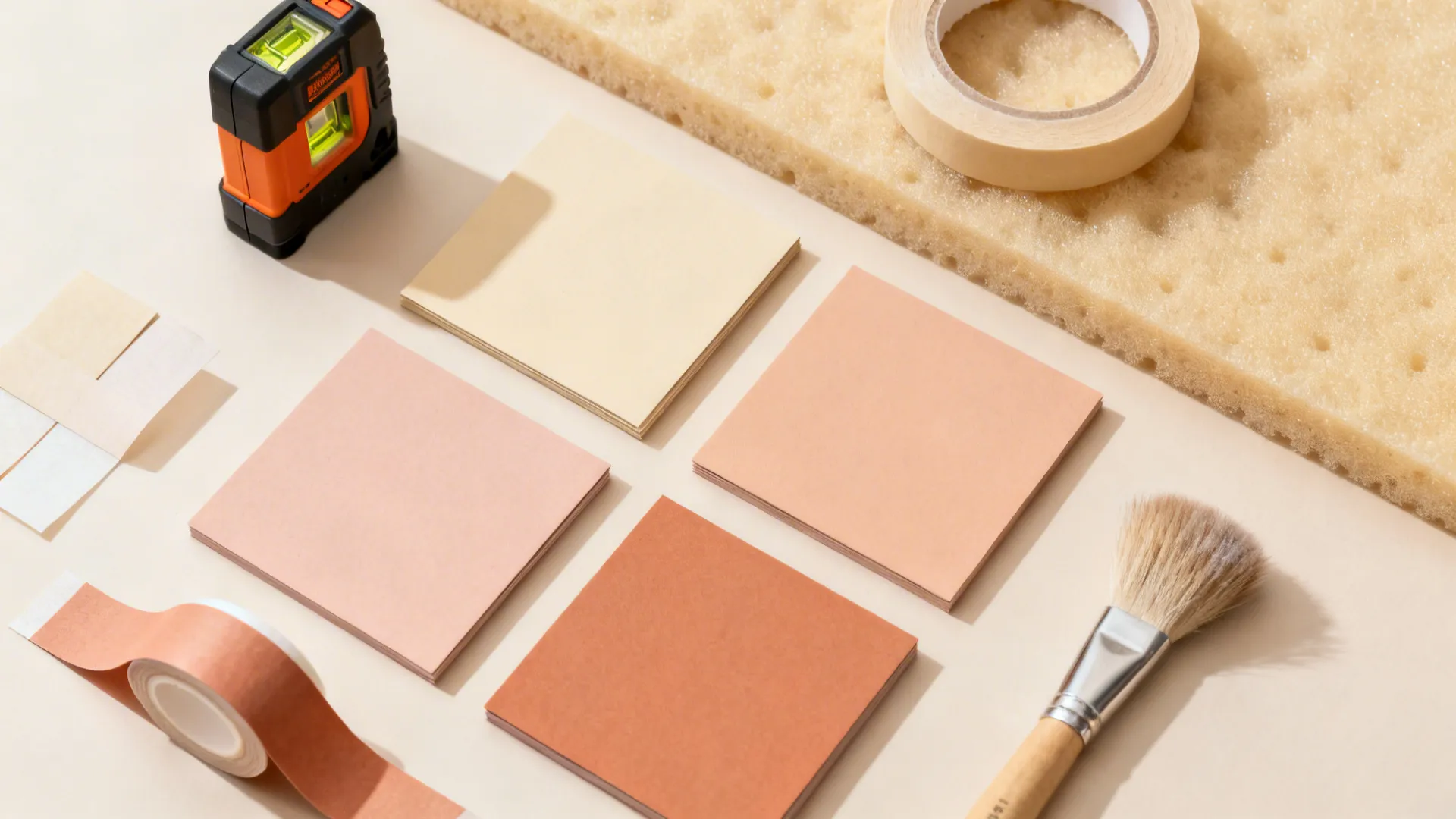 Top-down view of gradient cardstock squares with tools for an origami wall grid.