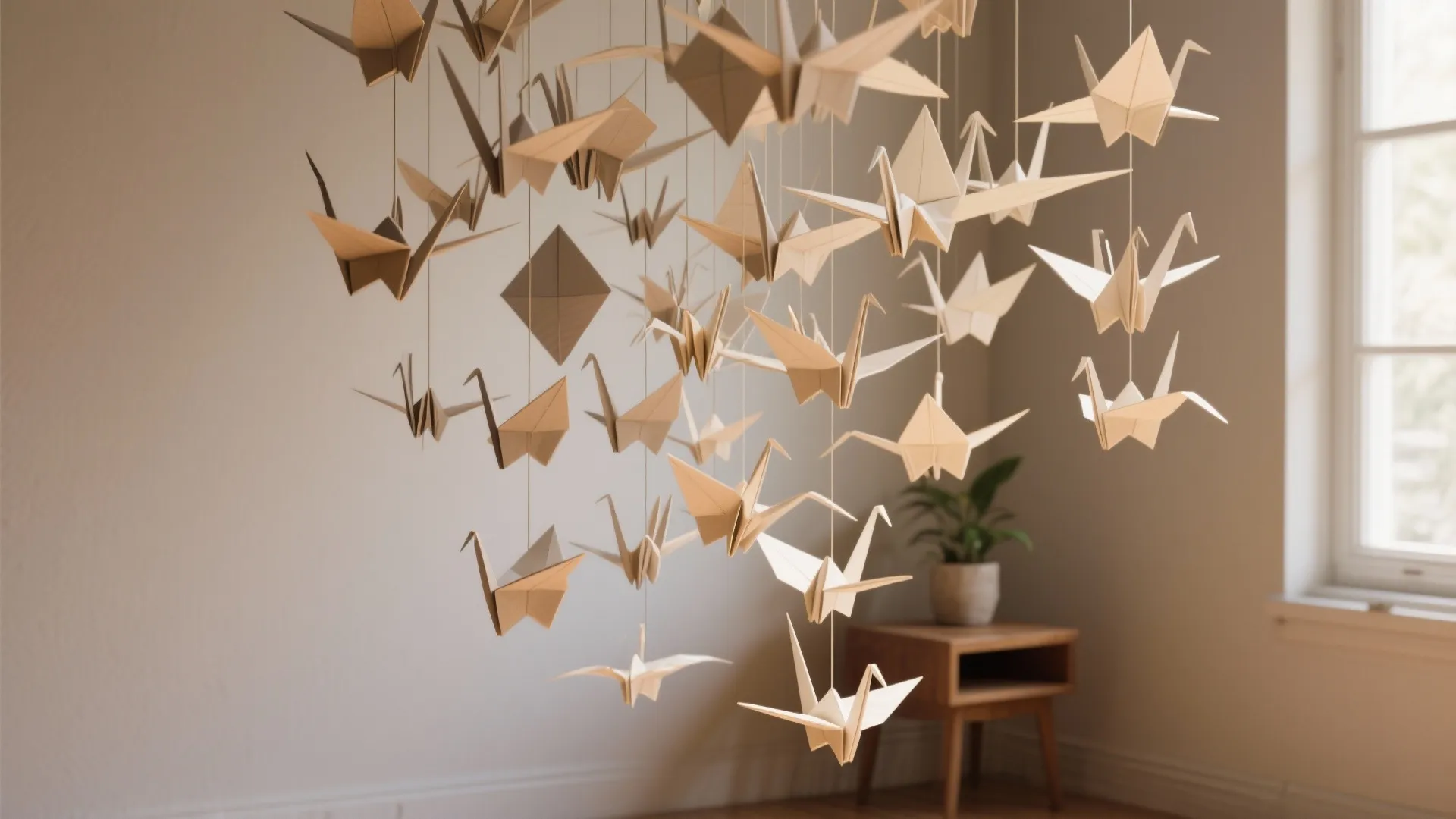 Suspended origami mobile cluster of paper cranes and geometric shapes in a small corner, moving gently in the air.