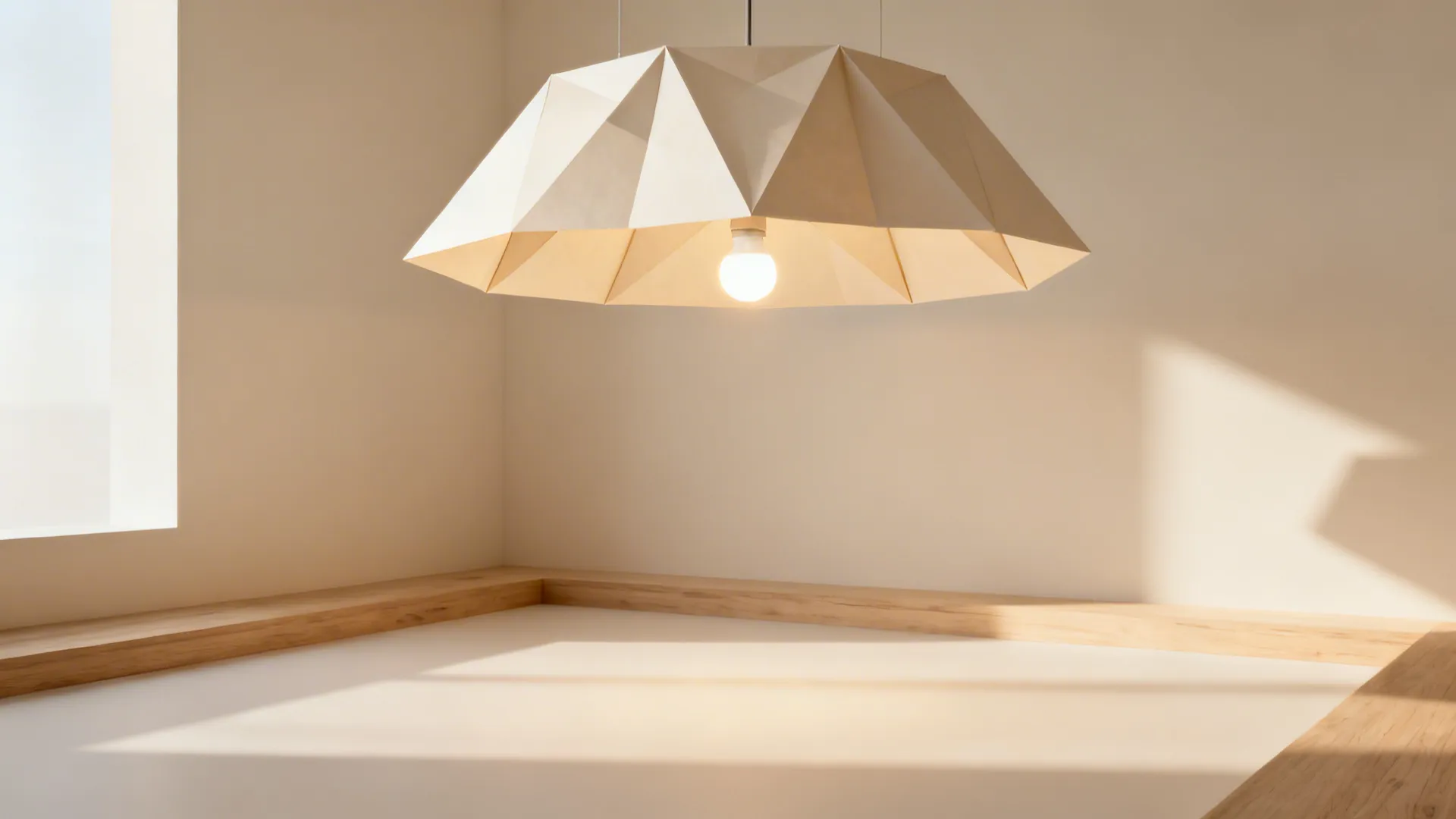 Oversized ivory origami lampshade with crisp folds casting soft ambient light in a minimal corner.